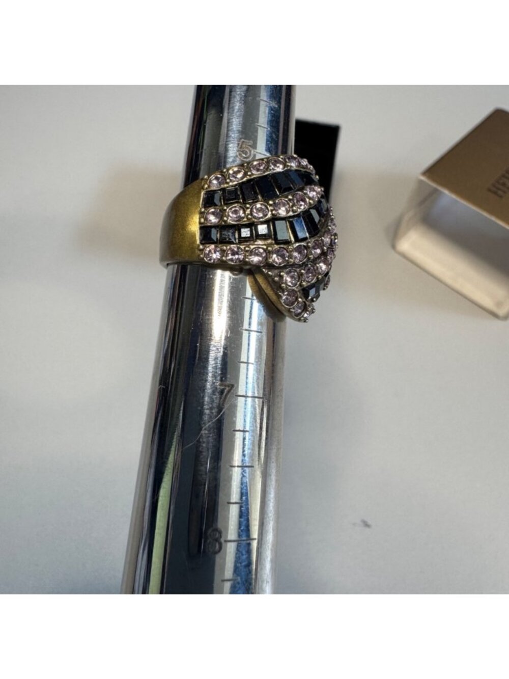 Heidi Daus Crystal Pave Art Deco Black & Pink Striped Stone Ring In Box - Picture 7 of 12